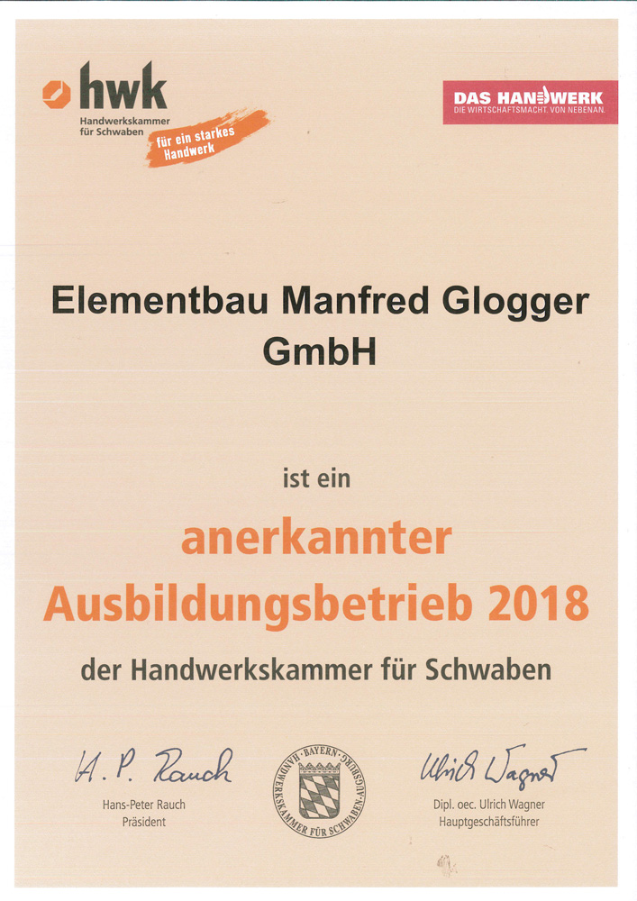 Elmentbau Glogger HWK Ausbildungsbetrieb 2018