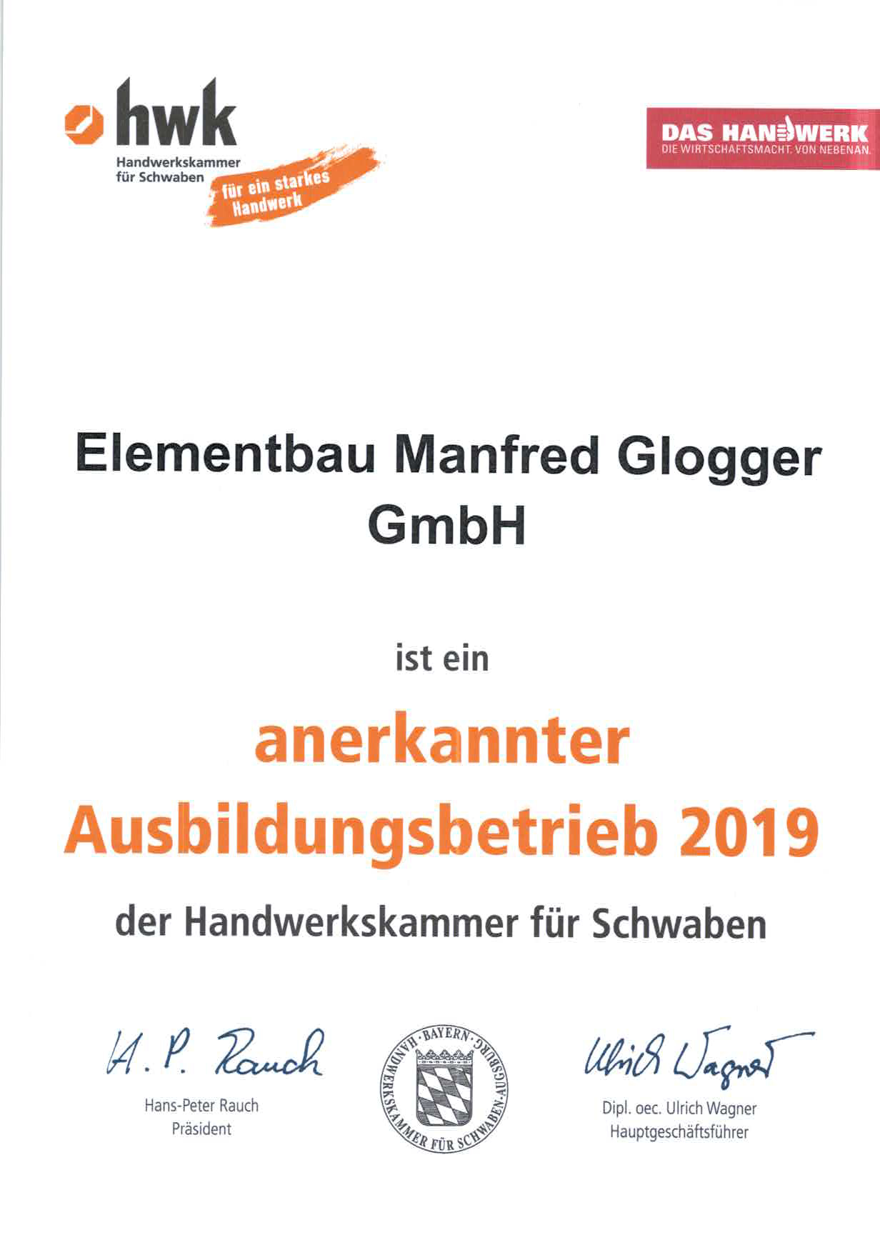 Elmentbau Glogger HWK Ausbildungsbetrieb 2019
