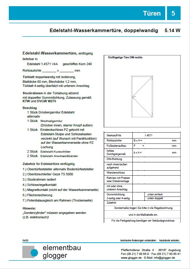Edelstahl-Wasserkammertüre, einflügelig