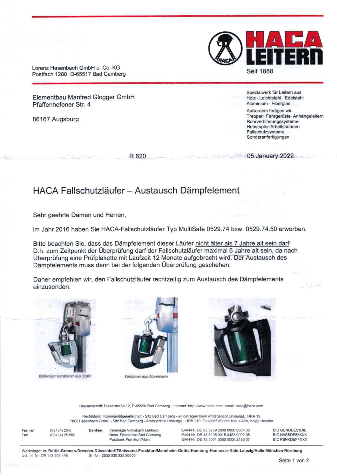 Sicherheitshinweis HACA Fallschutzläufer MultiSafe Baujahr 2016