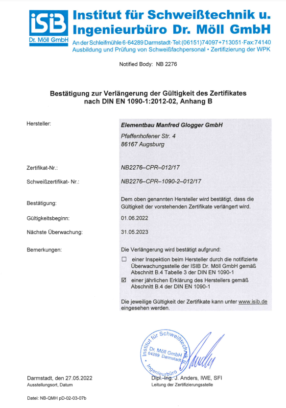 PDF für Bestätigung zur Verlängerung der Gültigkeit des Zertifikates nach DIN EN 1090-1:2012-02, Anhang B