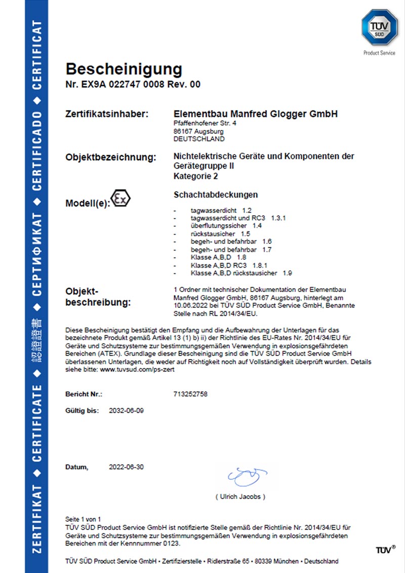 Bescheinigung für den Einsatz in Ex-Zone 1