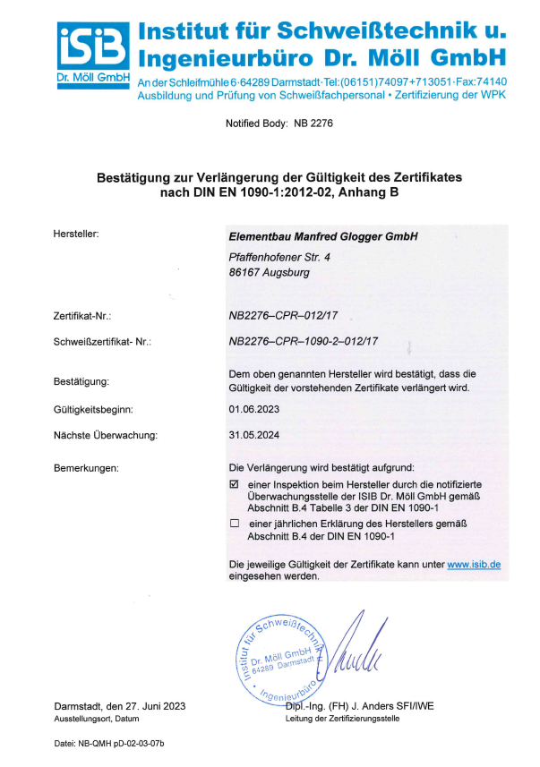 PDF für Bestätigung zur Verlängerung der Gültigkeit des Zertifikates nach DIN EN 1090-1:2012-02, Anhang B